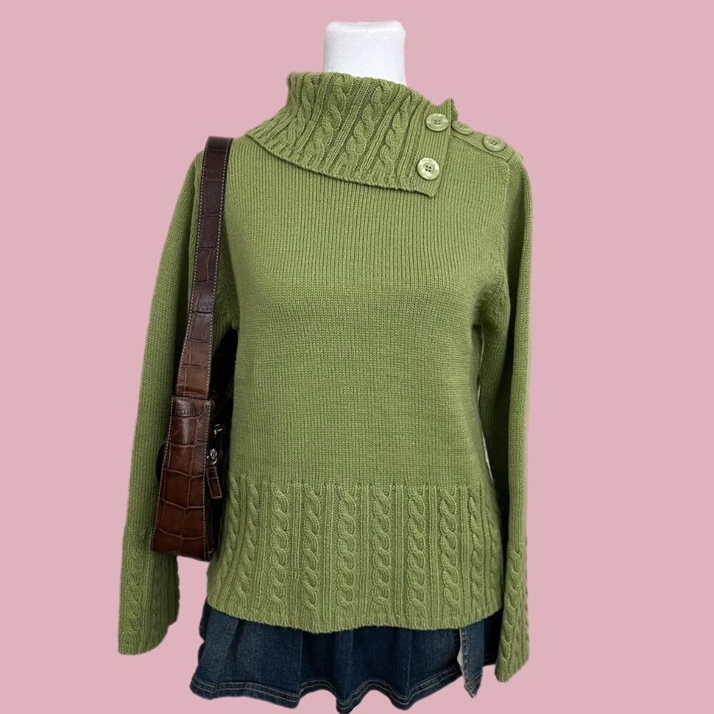Classic Olive Green Cowl Neck Sweater with Button Detail